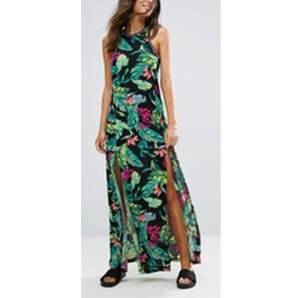 Seafolly Tropical Palm Print Racerback Maxi Beach Dress Split Side Hems Size S